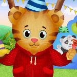 Daniel Tiger holding cake, wearing a party hat in front of a green field backdrop