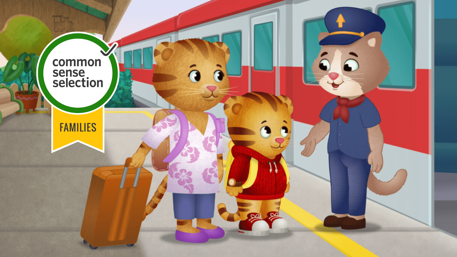 Daniel Tiger, his mom, and an attendant standing next to a train