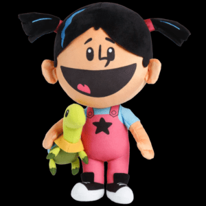 Yadina Riddle plush, with pink overalls, pigtails, and shell plush in hand