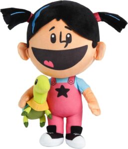 Yadina Riddle plush, with pink overalls, pigtails, and shell plush in hand