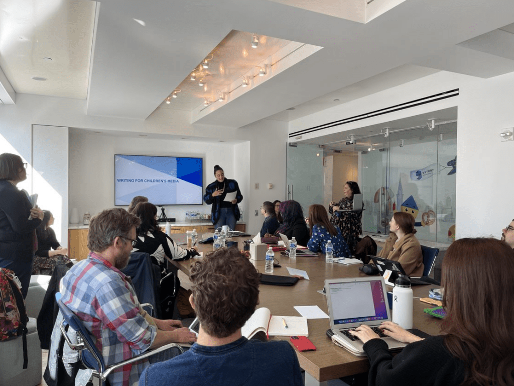 Halcyon Person presents to a group of RespectAbility Lab Fellows in 9 Story Media Groups' board room in New York City.