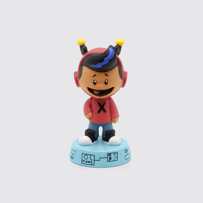 Figurine with a red hoodie, jeans, on a light blue pedestal