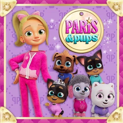 Hero thumbnail Paris Star and pups in a line with series logo.