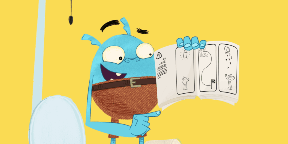 Image of 2D animated character from 'Do Not Watch This Show' standing and pointing at a book.