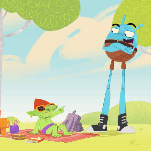 Image of 2D animated characters from 'Do Not Watch This Show' on a picnic blanket.