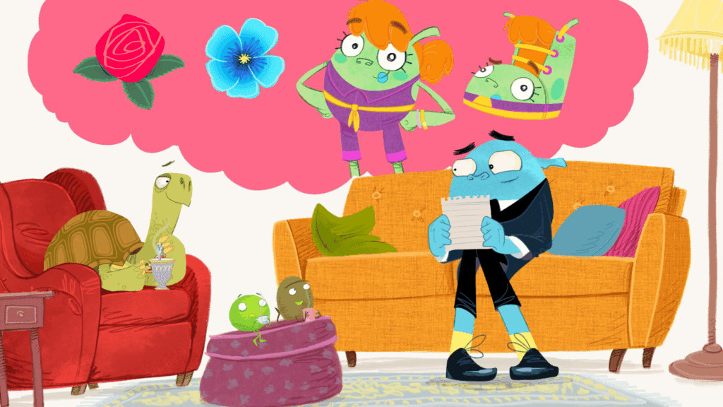 Image of 2D animated characters from 'Do Not Watch This Show' in the living room on a couch and chair.