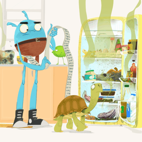 Image of 2D animated characters from 'Do Not Watch This Show' standing in front of an open refridgerator.