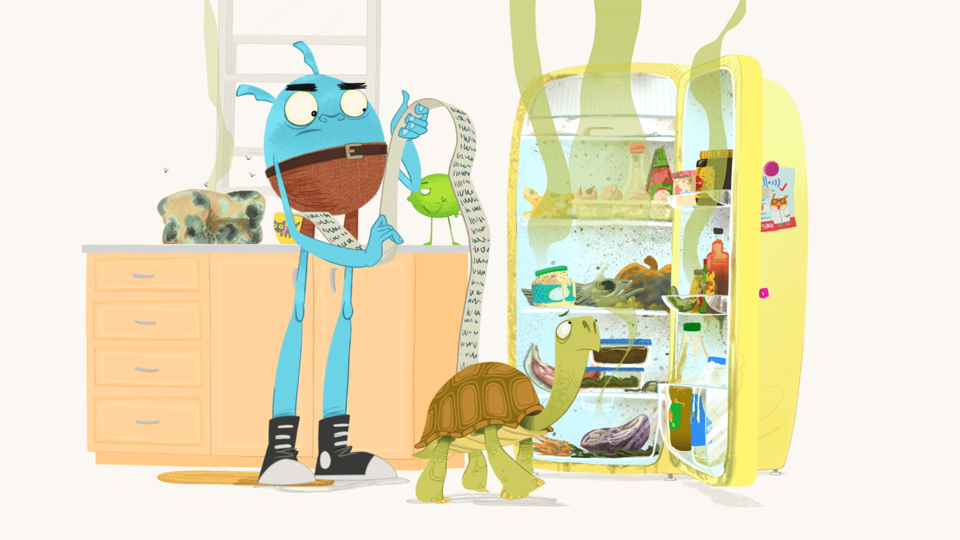 Image of 2D animated characters from 'Do Not Watch This Show' standing in front of an open refridgerator.