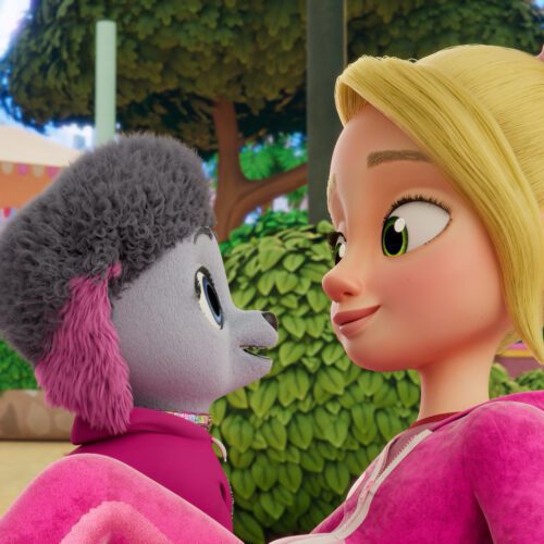 Paris Star with a pup from the animated series, Paris & Pups.