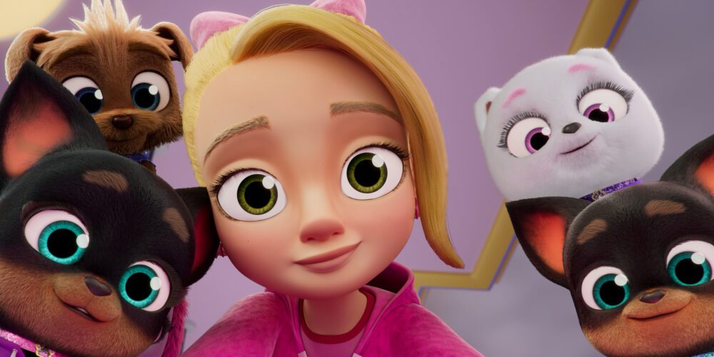 Paris Star and pups looking into frame from the animated series, Paris & Pups.