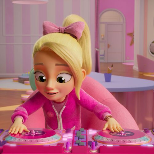 Paris Star with her pups playing her turntables from the animated series, Paris & Pups.