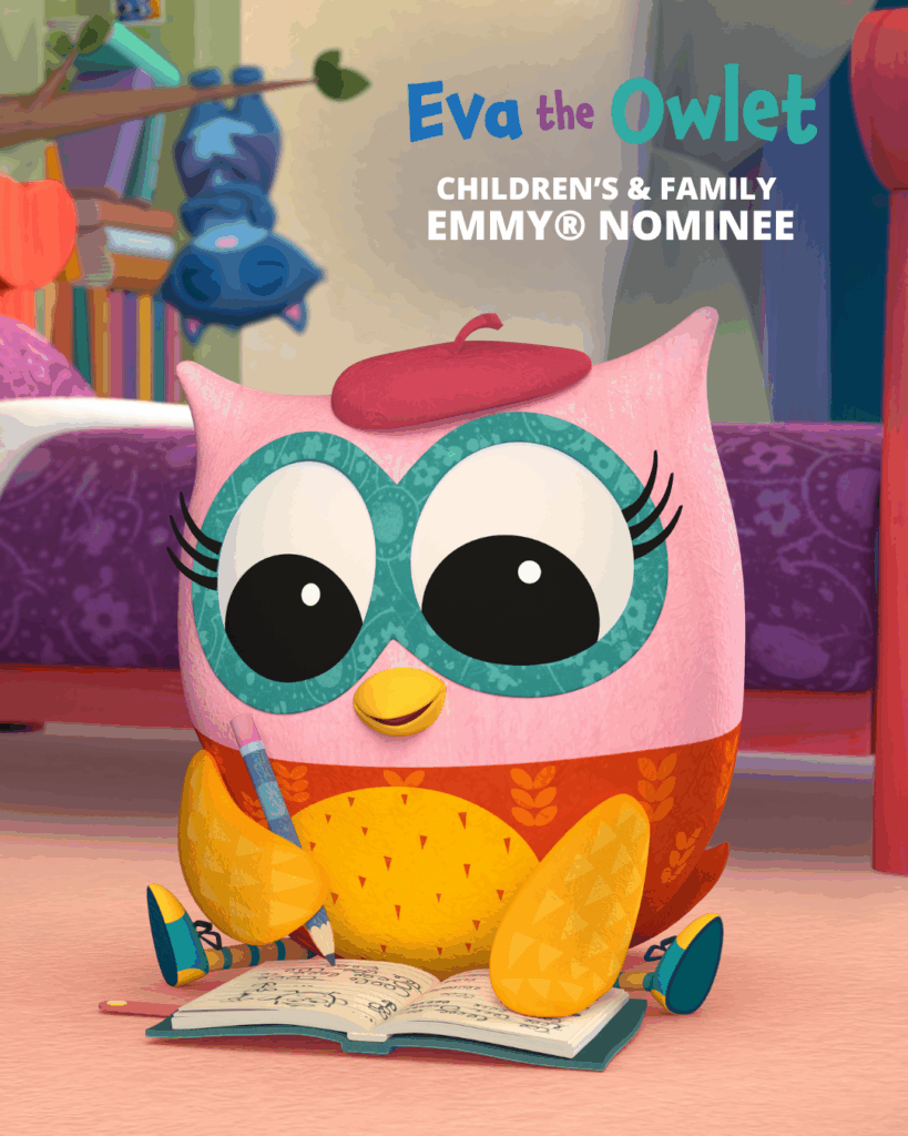 Eva the Owlet key art for Emmy's featuring Eva writing in diary