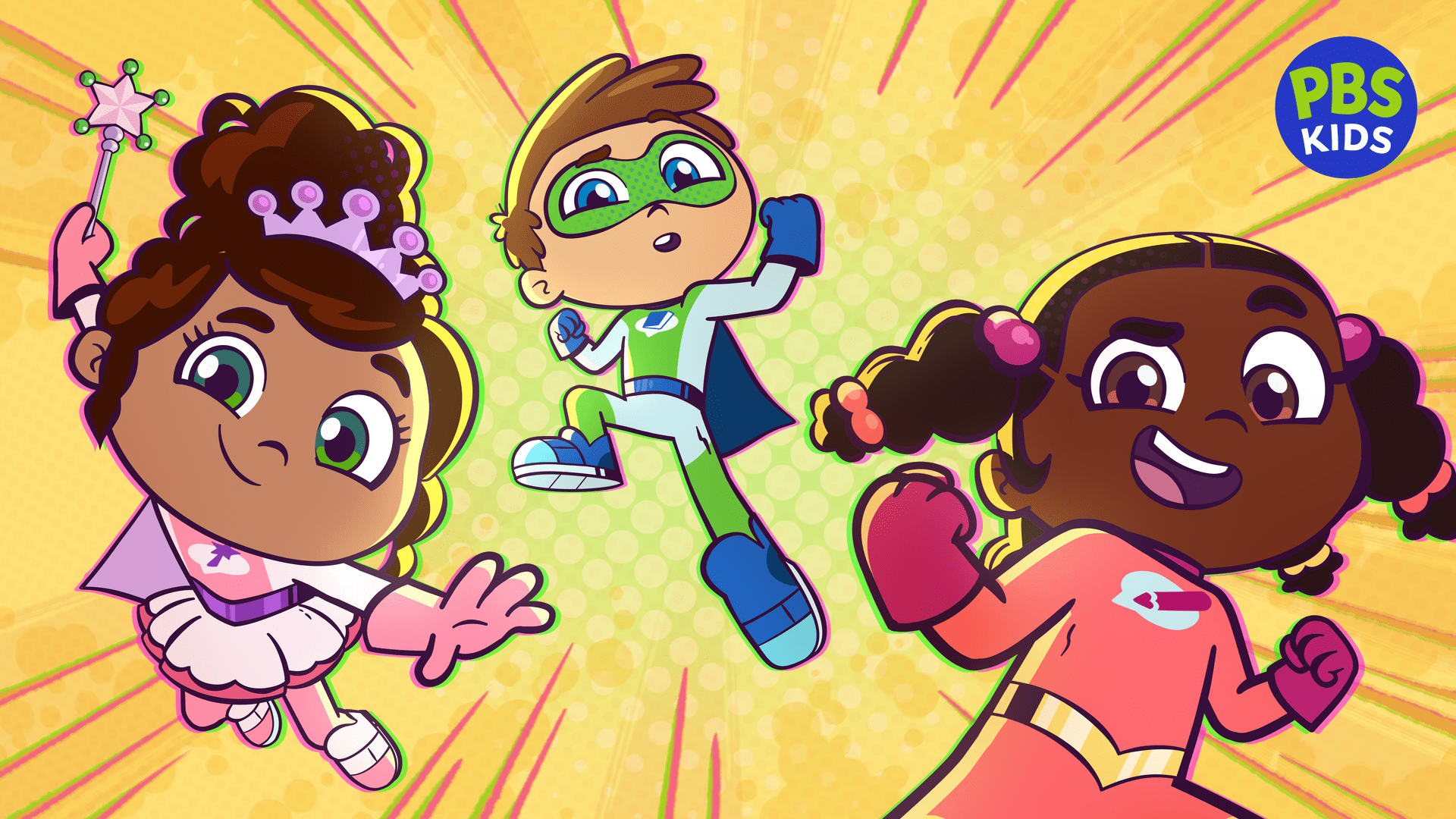Super Why's Comic Book Adventures Series Still. Image shows three characters jumping into frame.